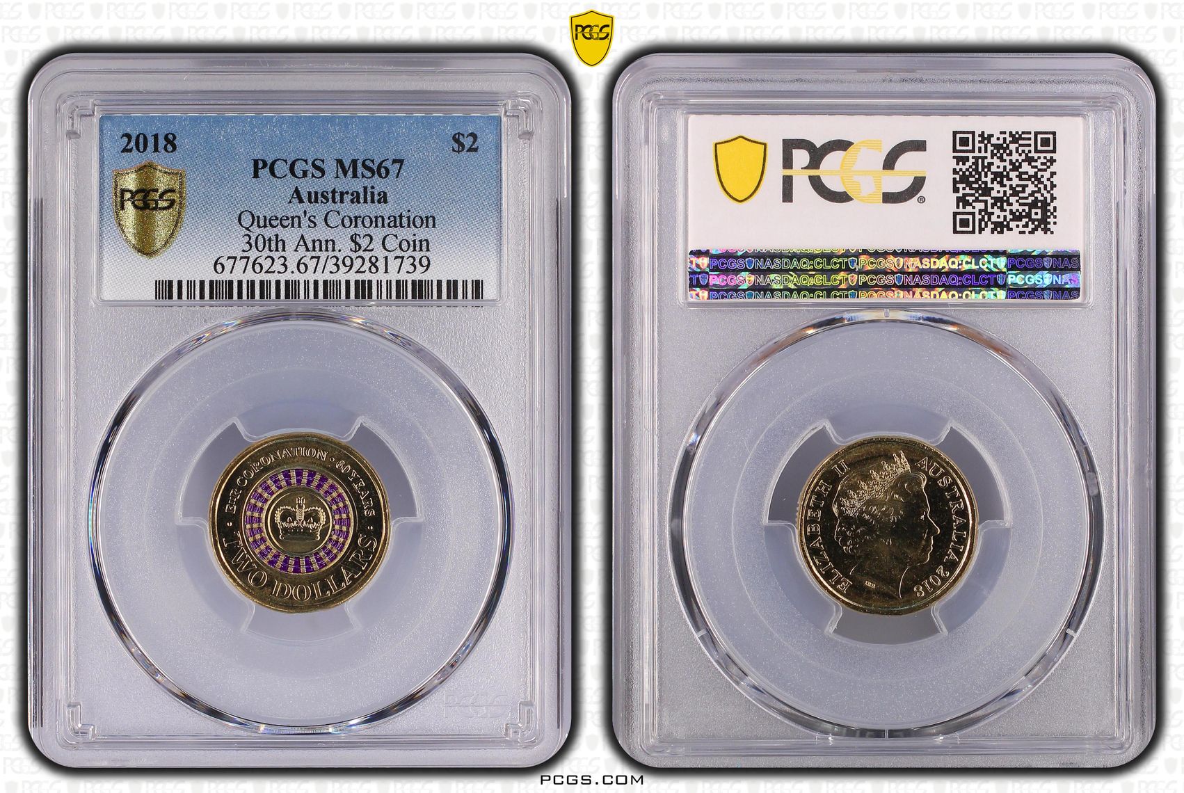 Queen's Coronation Colourised 30th Ann. $2 Coin, Two Dollar, 2018, PCGS MS67