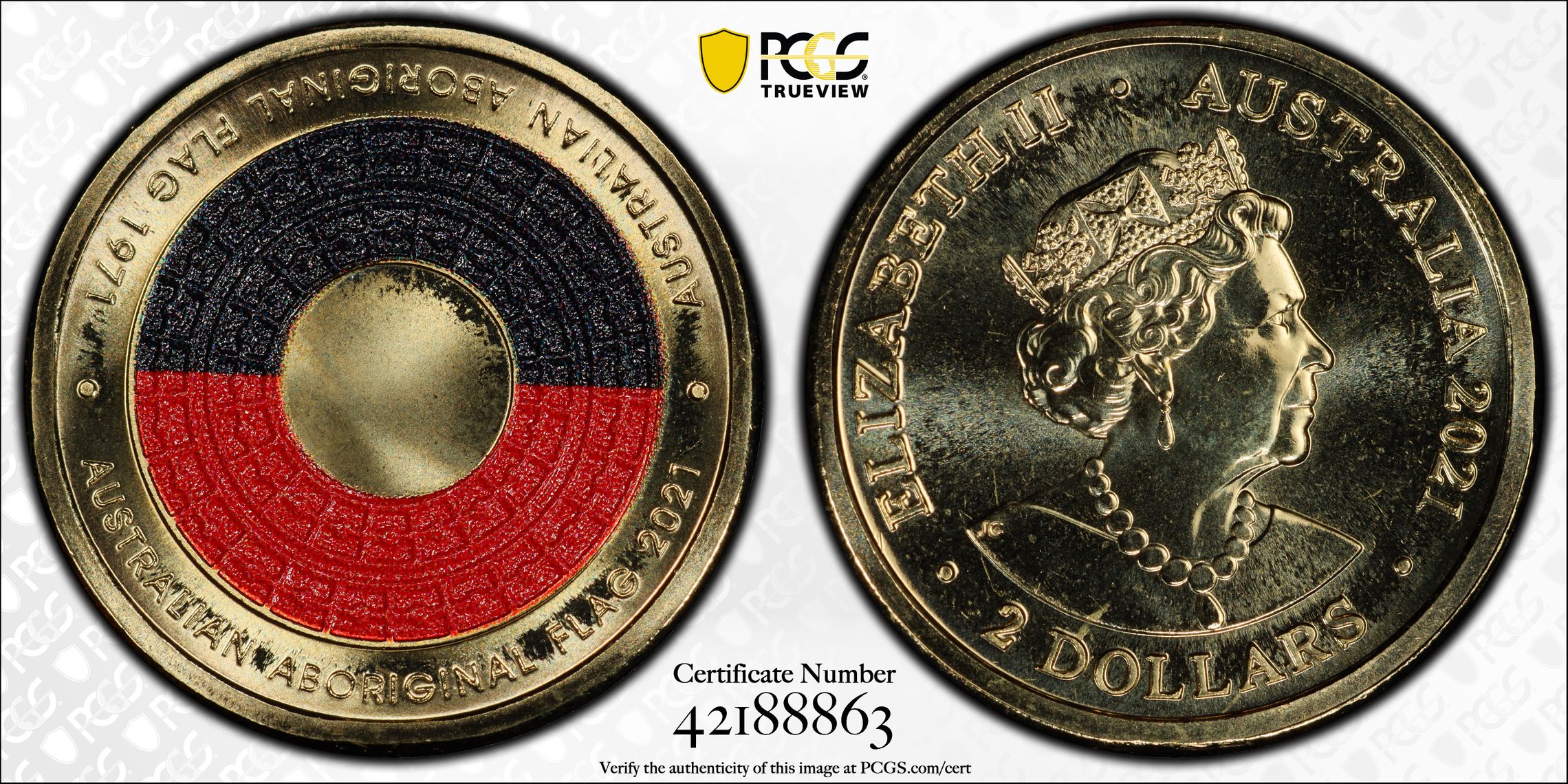50th Ann Aboriginal Flag Colorized, Two Dollar, 2021, PCGS MS68