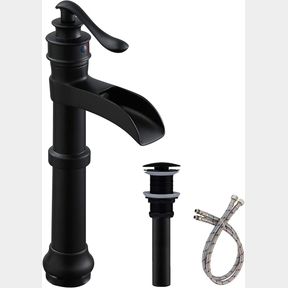 TALL BATHFINESSE VESSEL SINK FAUCET BLACK BATHROOM FAUCET WATERFALL BOWL SINK VANITY MATTE BLACK WITH POP UP DRAIN STOPPER COMMERC