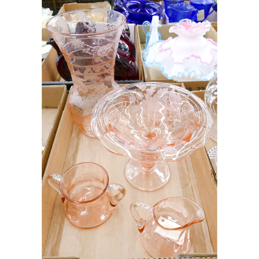 Box 5pc Pink Flanders Etched Glass etc.
