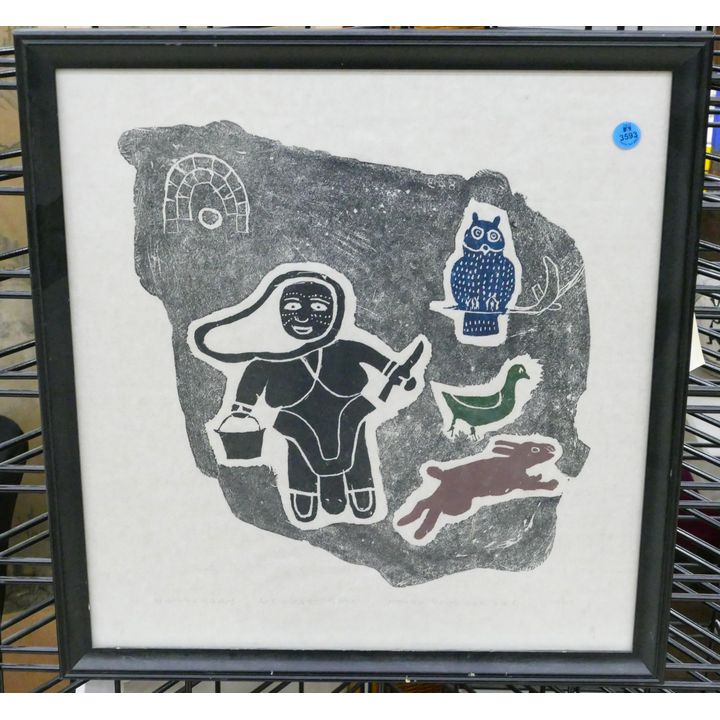 Annie Mikpigak (1900-1984 Inuit) Eskimo with Animals 1967 Stonecut