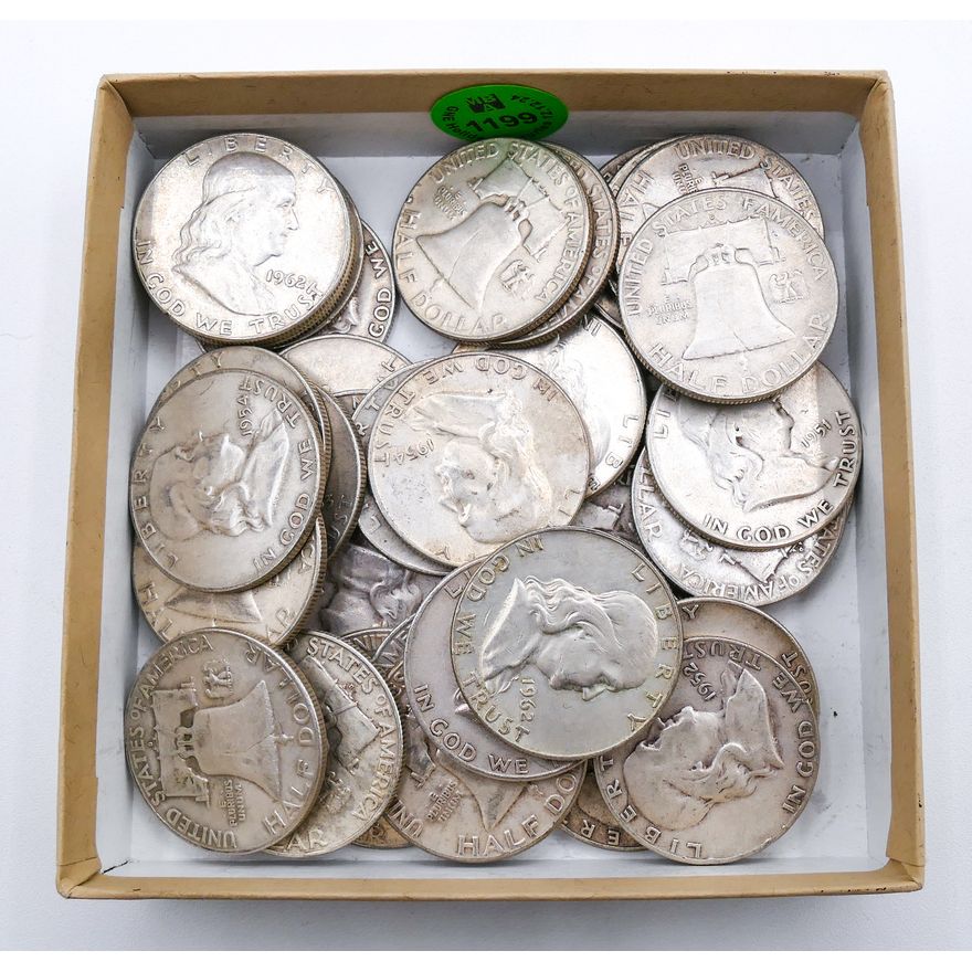 Box 39pc US Benjamin Franklin Silver Half Dollars