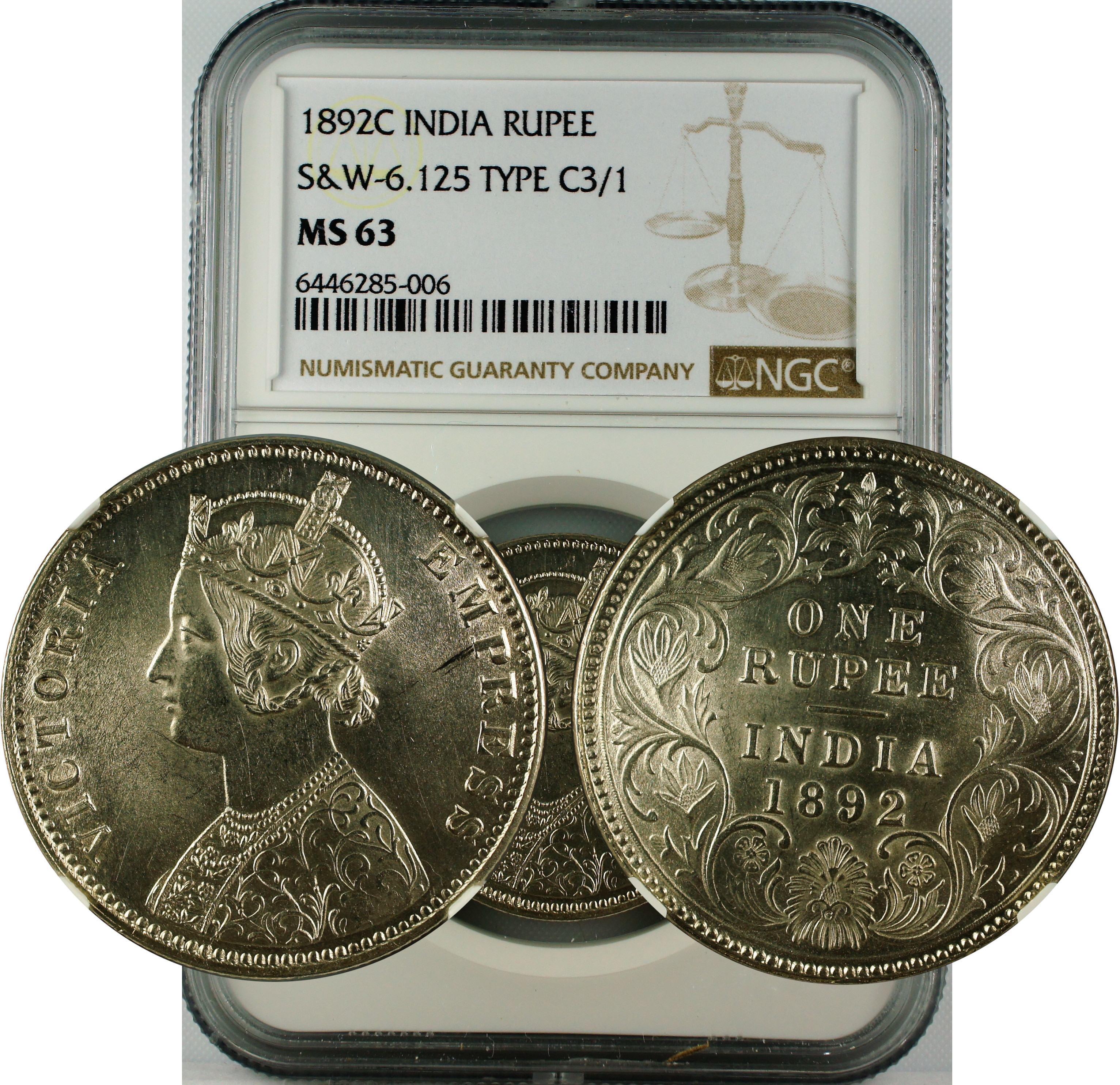 1892 C INDIA RUPEE S&W-6.125 TYPE C3/1 MS63