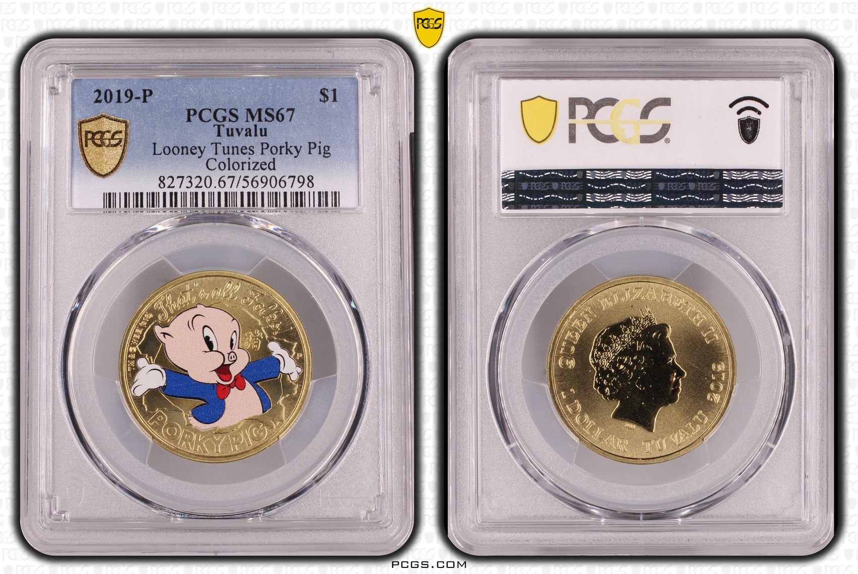 Tuvalu, Looney Tunes Porky Pig Colorized, One Dollar, 2019-P, PCGS MS67
