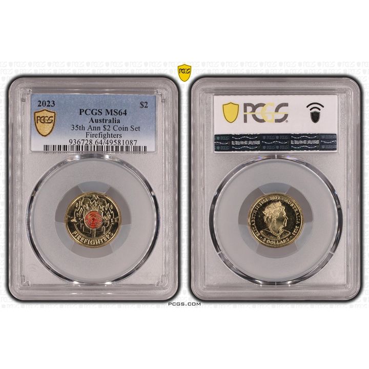 Elizabeth II, 35th Ann $2 Coin Set Colorized - Firefighters , Two Dollar, 2023, PCGS MS64