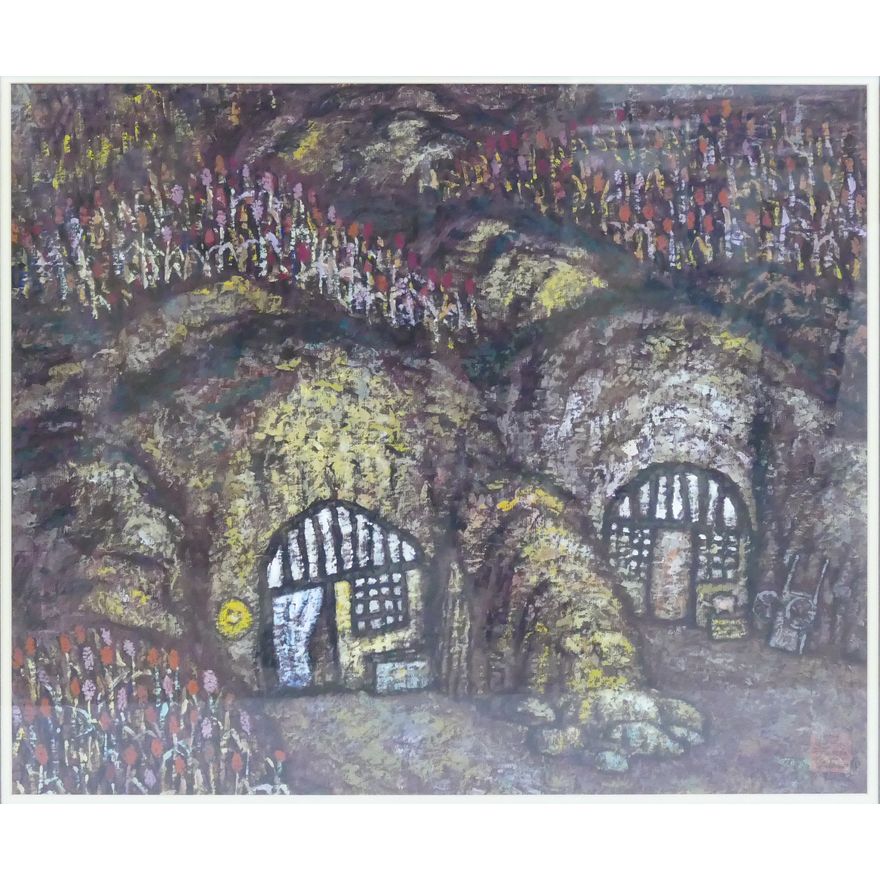 Yin Ping Chinese Modernist Hill Houses Oil on Paper Framed 28''x31''