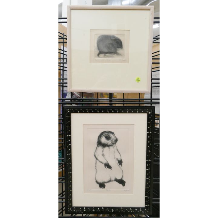 2pc Christine McGinnis Animal S/N Etchings Framed- largest 16x13''