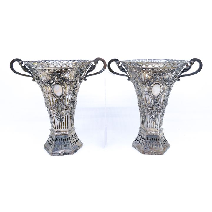 Pair Ornate German 800 Silver Pierced Flower Vases 6.5''