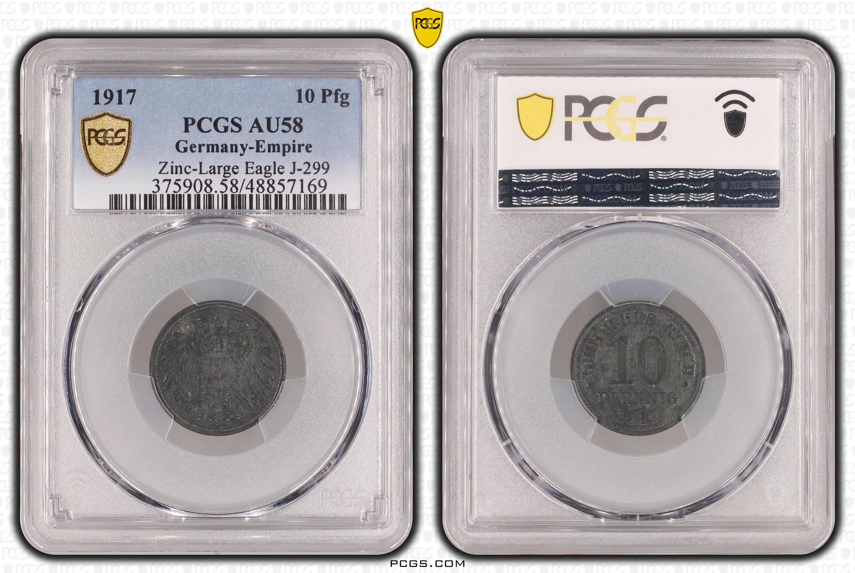 Germany-Empire, Zinc-Large Eagle J-299, POP 1/0, Ten Pfennig, 1917, PCGS AU58