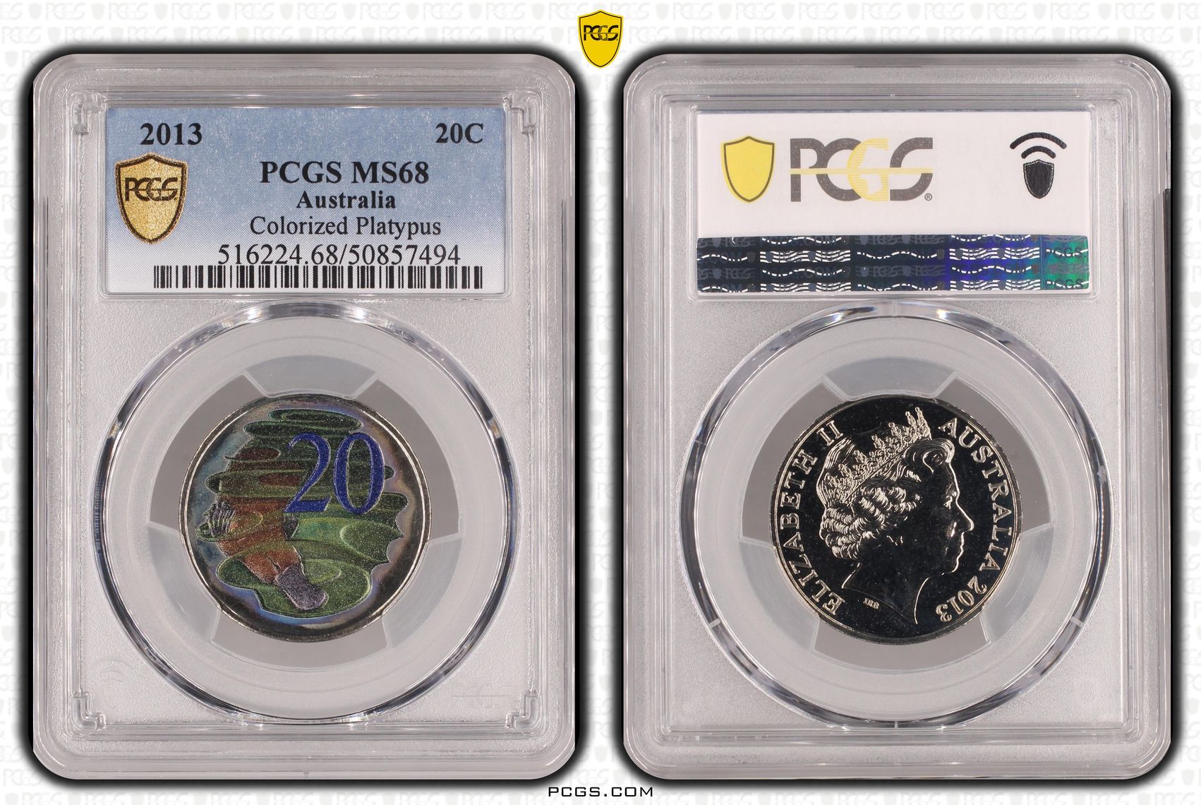 63 · Colorized Platypua, Twenty Cent, 2013, PCGS MS68