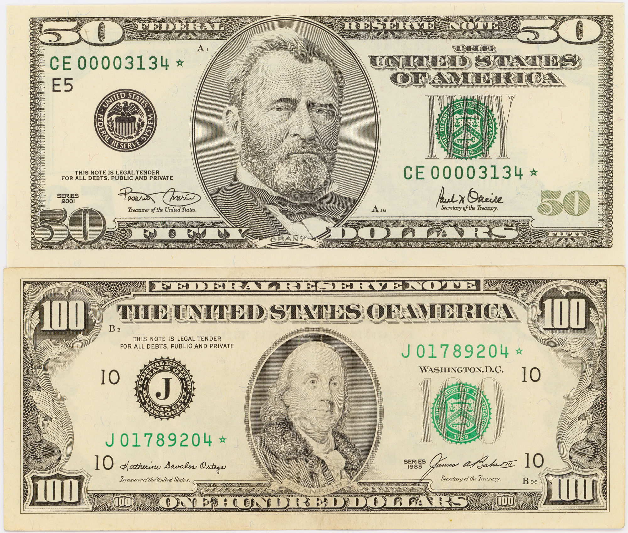 United States, Star Replacement, Fifty Dollars - One Hundred Dollars, 1985 - 2001, VF - aUNC