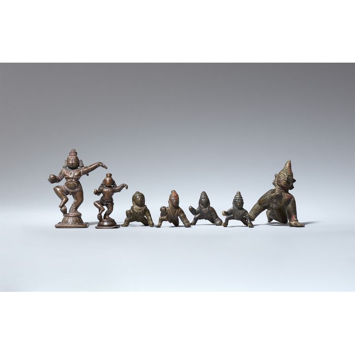 A group of seven copper alloy figures of Krishna. India, various regions. 17th/19th century