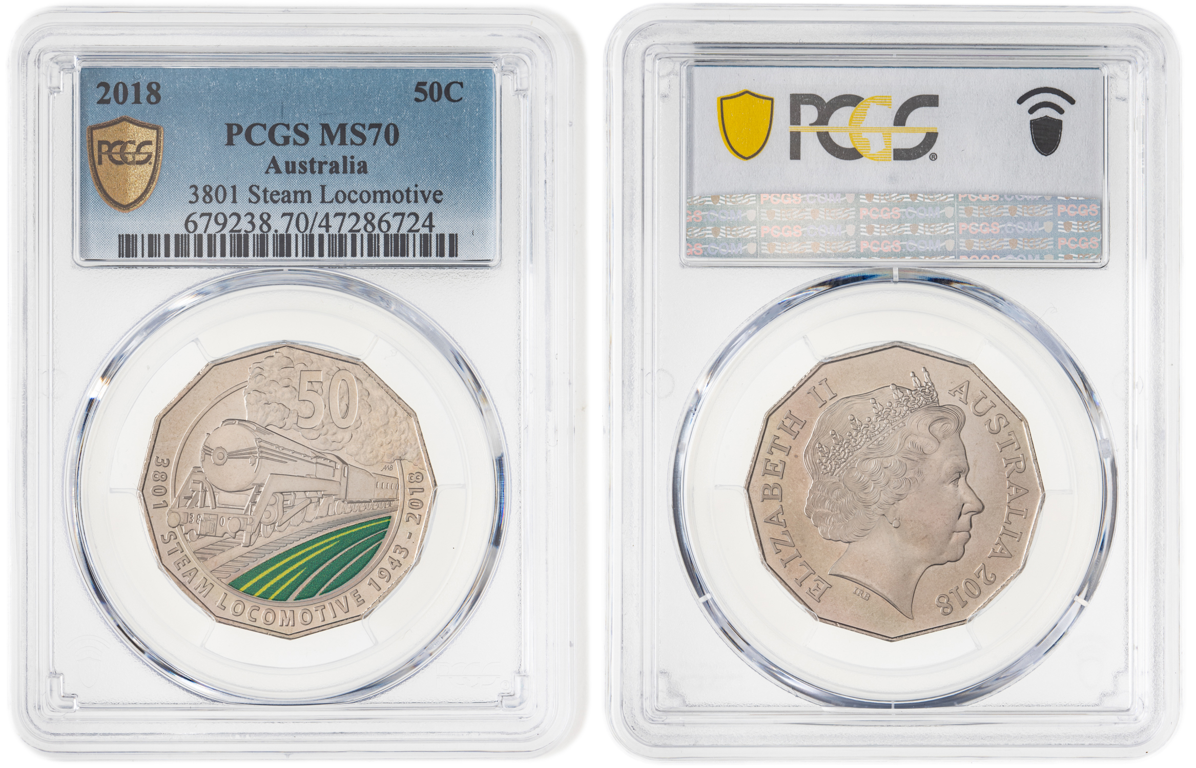 234 · Elizabeth II, 3801 Steam Locomotive, Fifty Cent, 2018, PCGS MS70