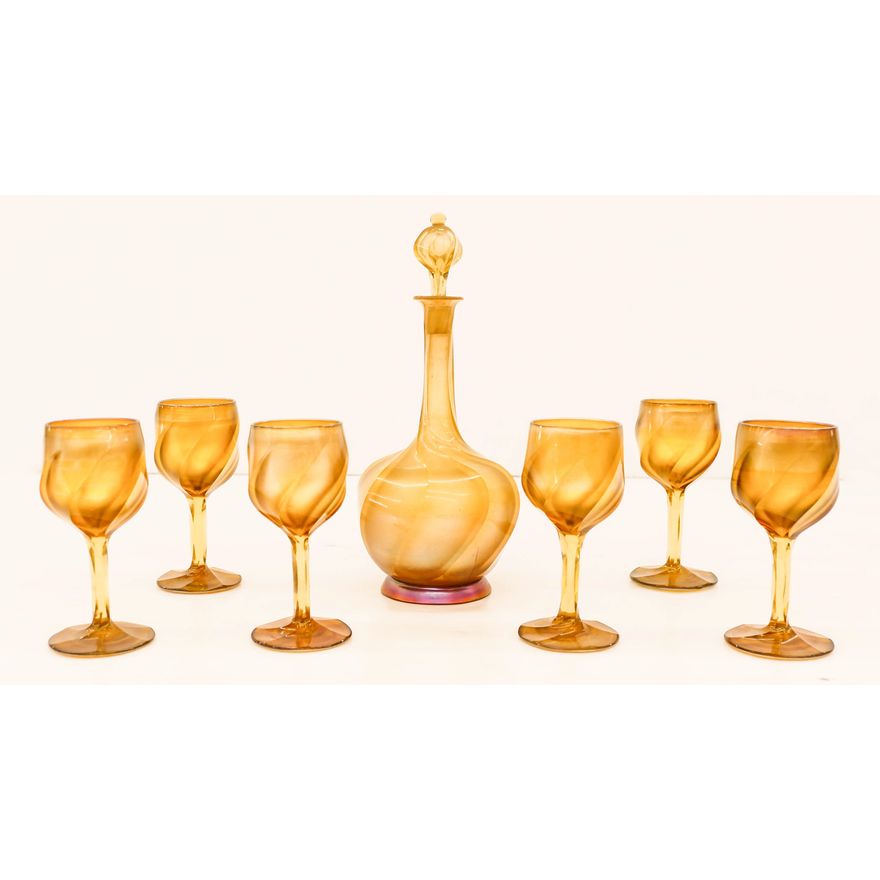 7pc L.C. Tiffany Favrile Faceted Swirl Decanter Set