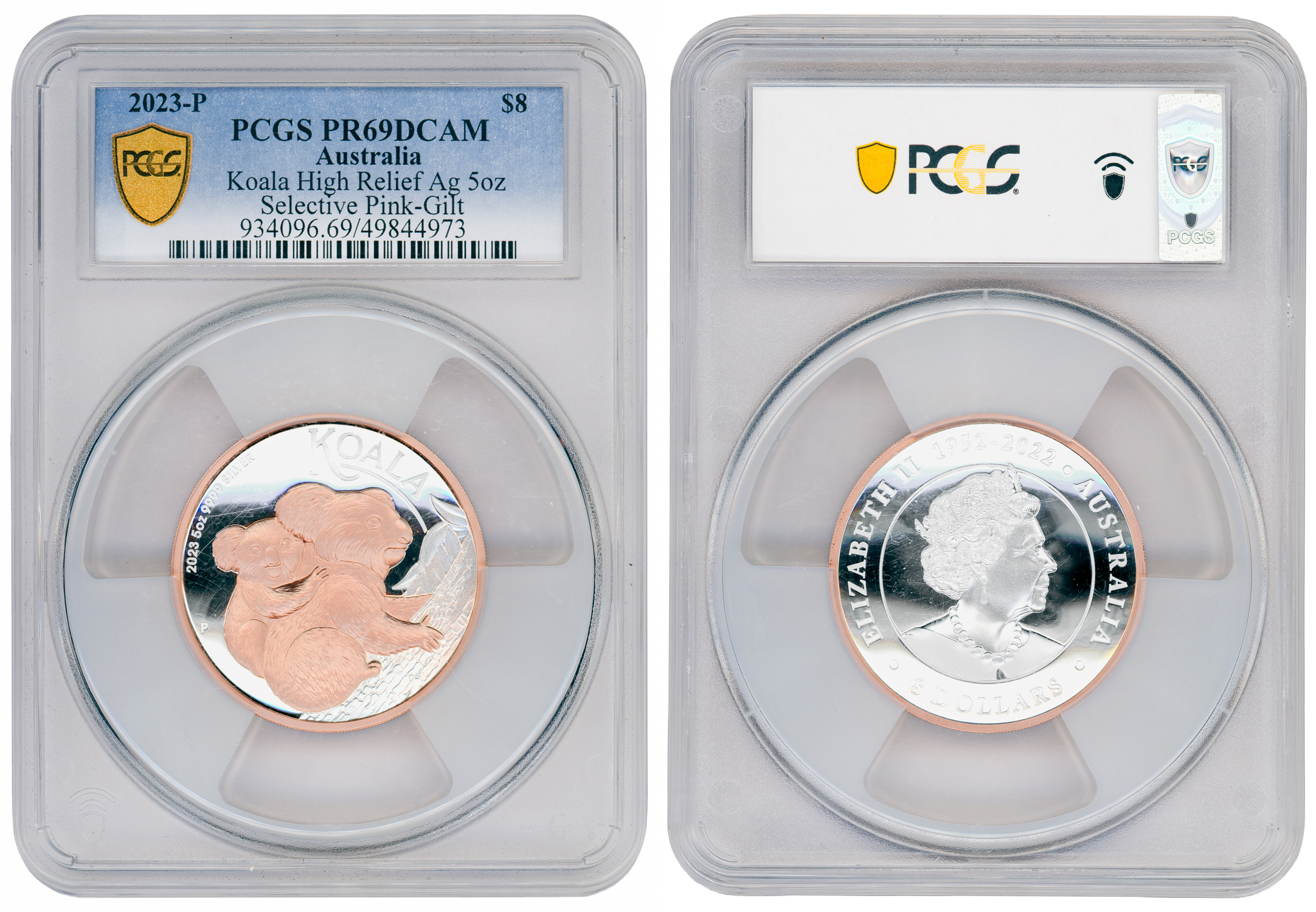 Koala High Relief Silver 5oz Selective Pink-Gilt, Eight Dollars, 2023-P, PCGS PR69DCAM