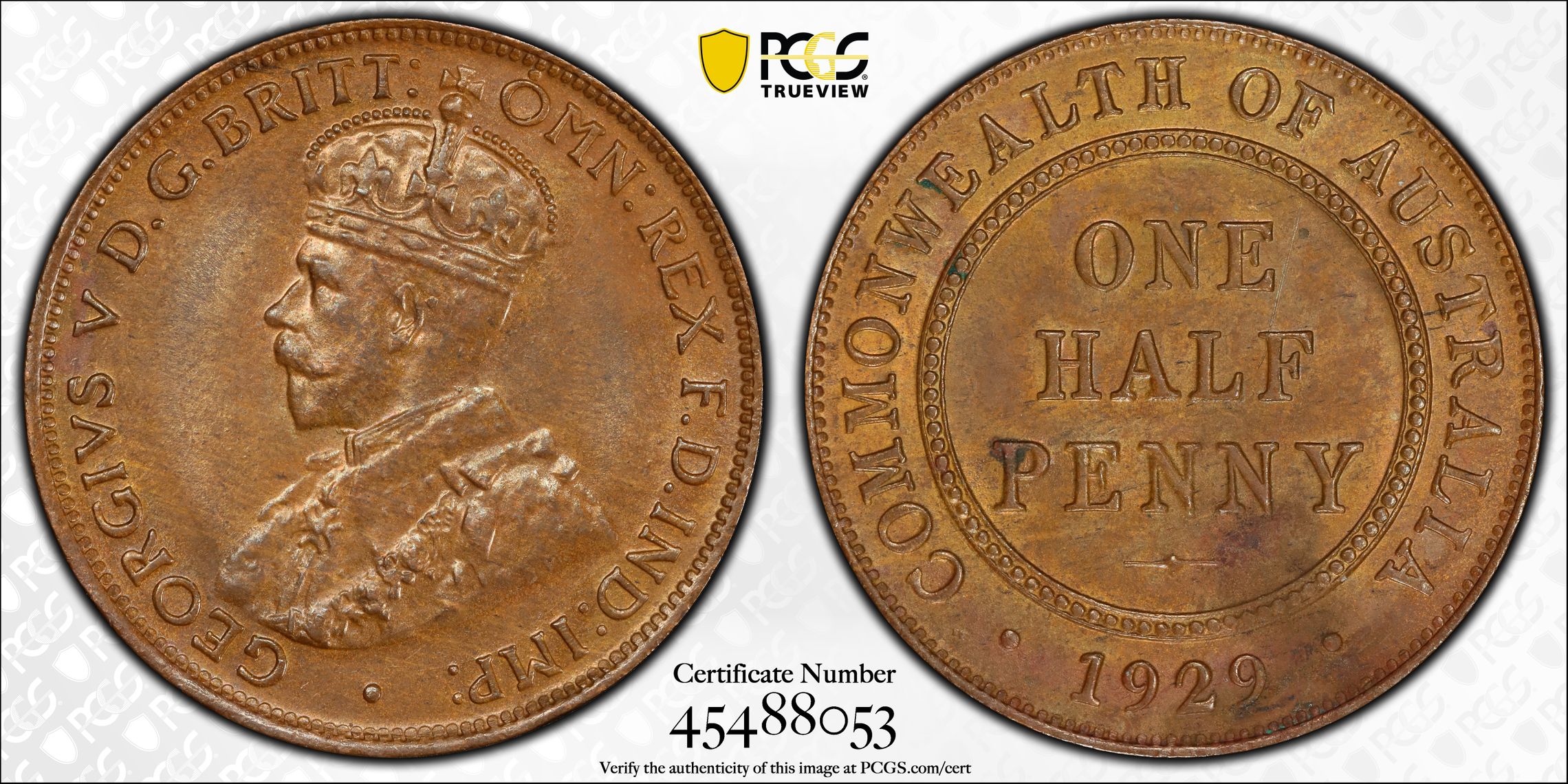 George V, , Halfpenny, 1929, PCGS MS63BN