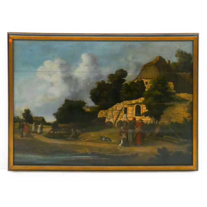 European 17th/18th Cent. Peasants in the Landscape Oil on Board Painting. Unsigned. Framed- 35x48''