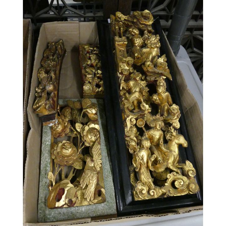 Box 4pc Antique Chinese Gilt Wood Temple Pieces- largest 16''