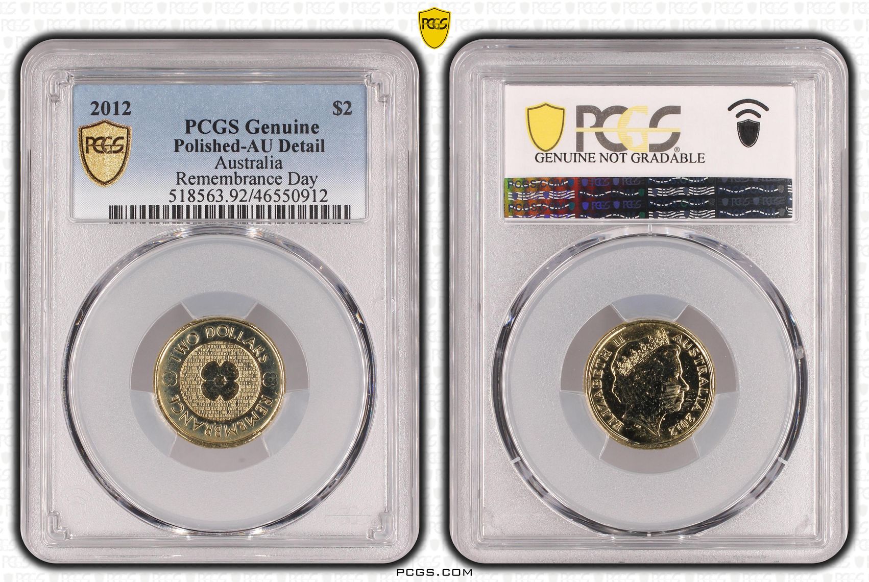 Remembrance Day, Two Dollar, 2012, PCGS Genuine - AU Details (92 - Cleaned)