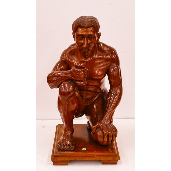 Midcentury Balinese Teak Carved Male Weight Lifter Sculpture- 26x14x15''