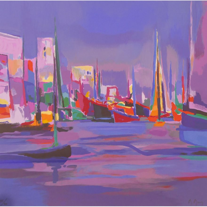 Marcel Mouly 'Bateaux Dans La Rade Rose' 1997 S/N Serigraph Gallery Framed- 42x42''