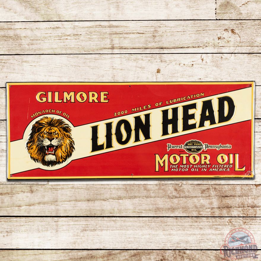 Gilmore Lion Head Motor Oil "Monarch of Oil" Embossed SS Tin Sign w/ Logo