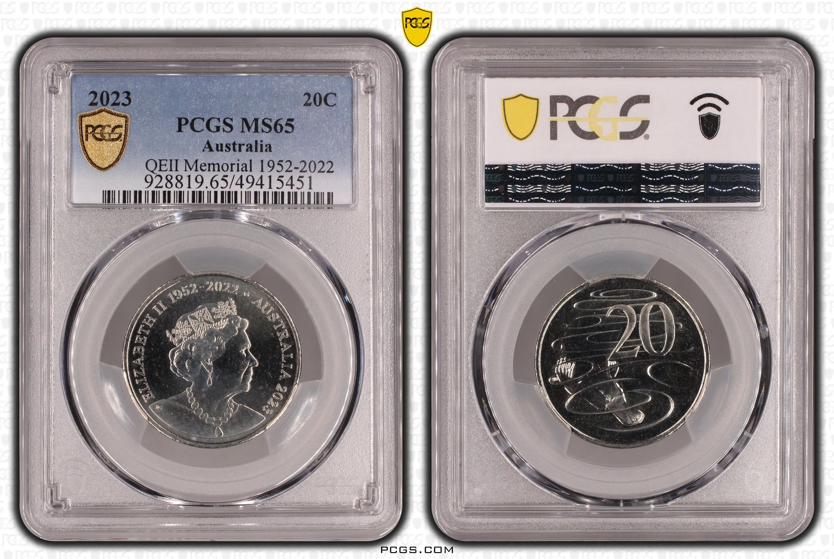 295 · Elizabeth II, QEII Memorial 1952-2022 , Twenty Cent, 2023, PCGS MS65