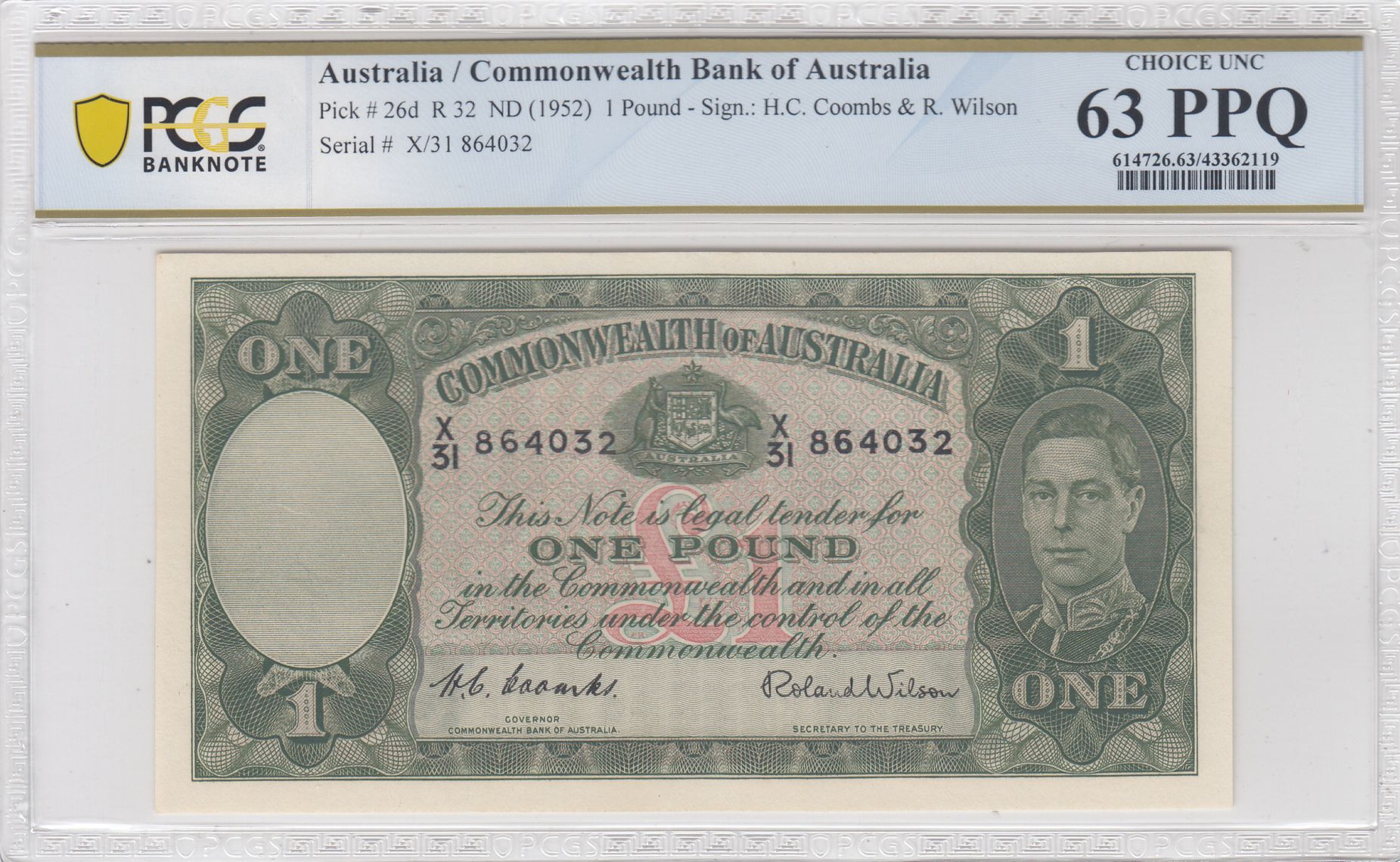 Coombs/Wilson, One Pound, 1952, PCGS Choice UNC 63 PPQ