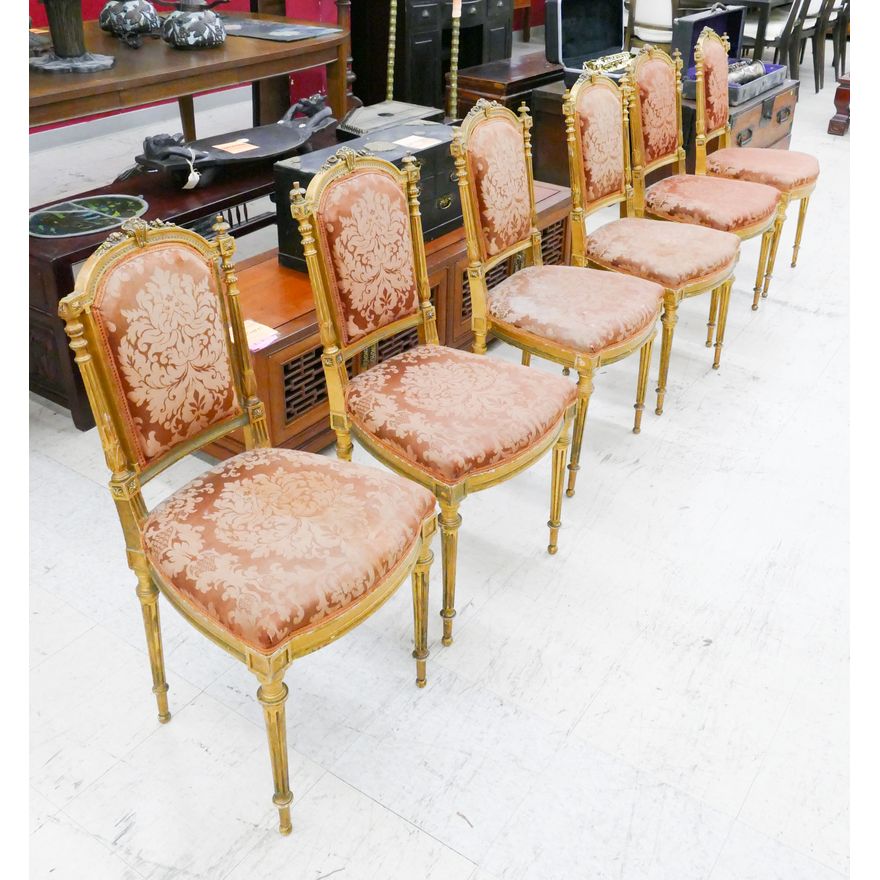 6pc Set French Gilt Carved Silk Brocade Covered Parlor Chairs- 35x16x16''
