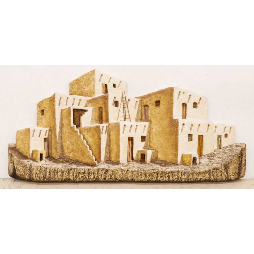 Large Southwest Bas Relief Adobe Village Wall Sculpture signed Hadin- 38x8o''