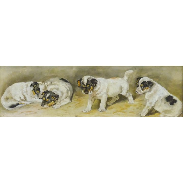 Antique Puppies Oil on Canvas Framed- 10x21''