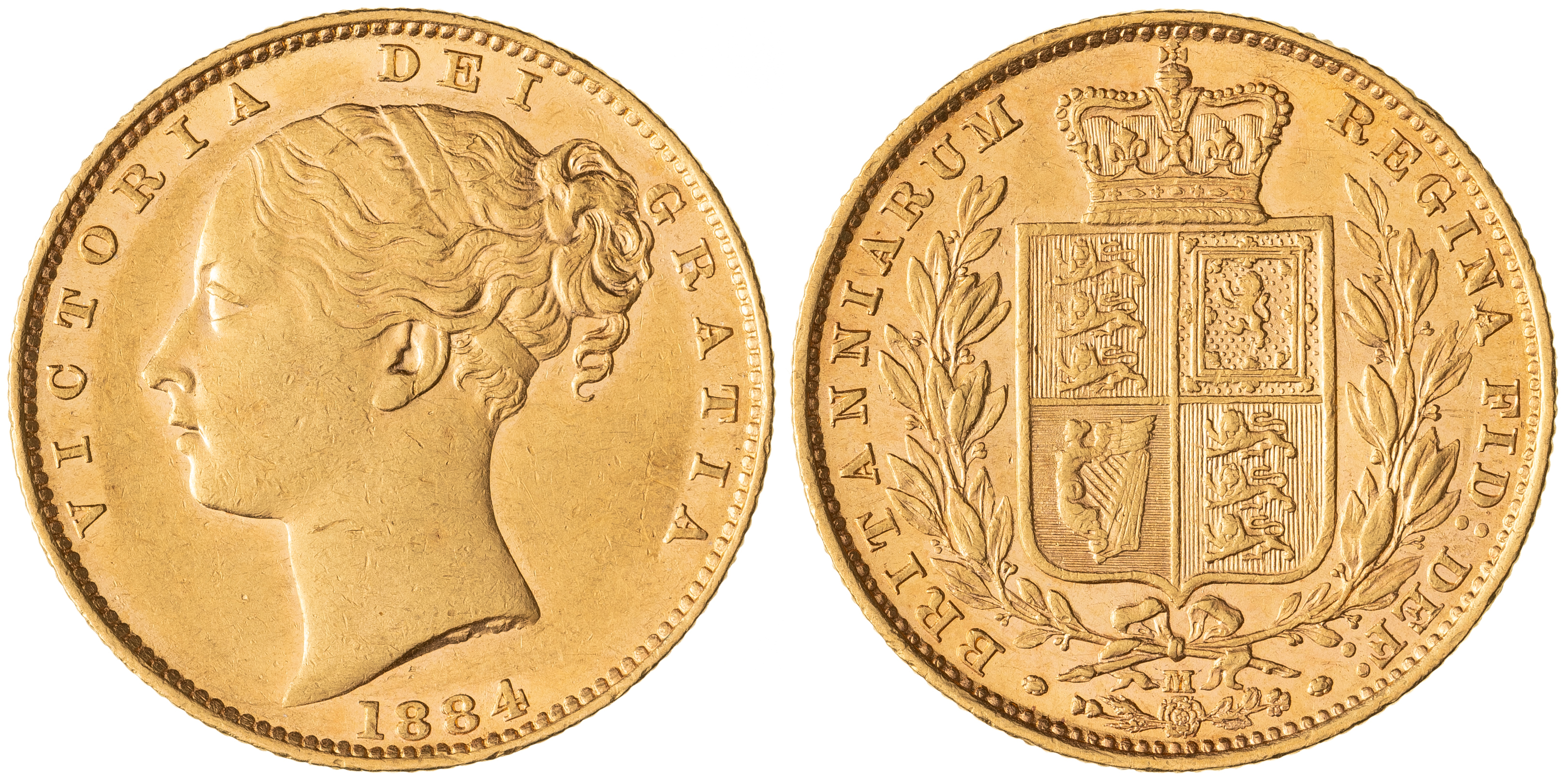Victoria, Shield Reverse - Young Head , Sovereign, 1884-M, EF