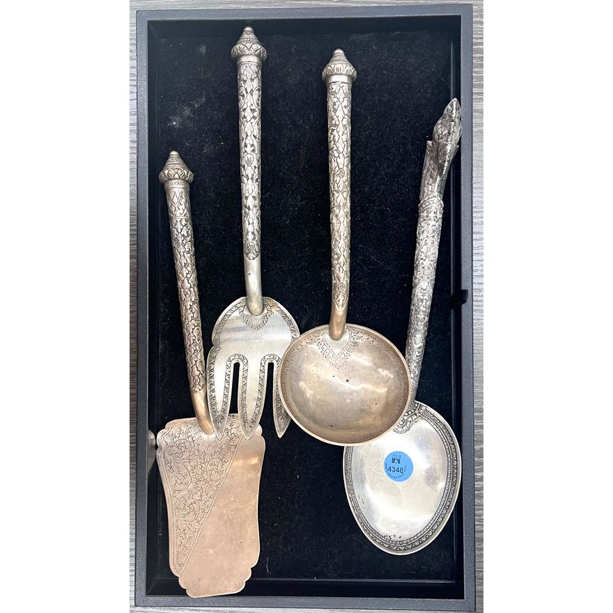 4pc Thai Decorated Silver Serving Utensils