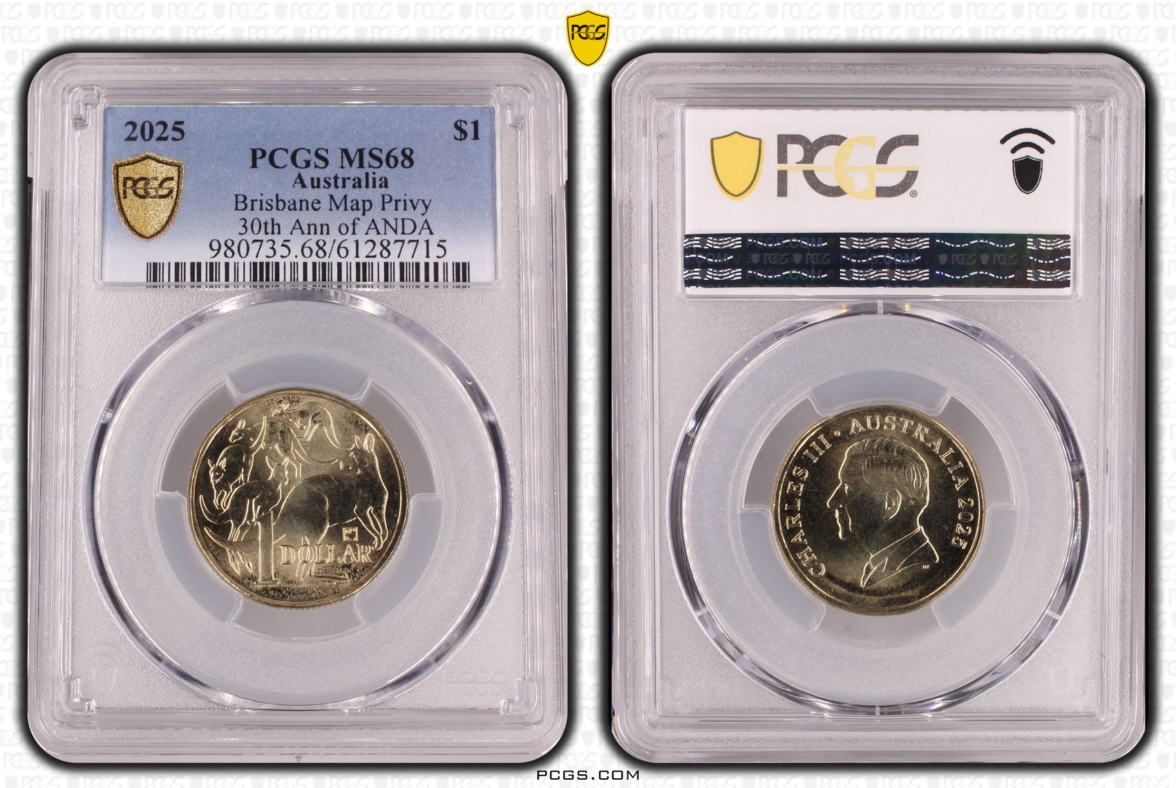 Brisbane Map Privy 30th Ann of ANDA, POP 6/0, One Dollar, 2025, PCGS MS68