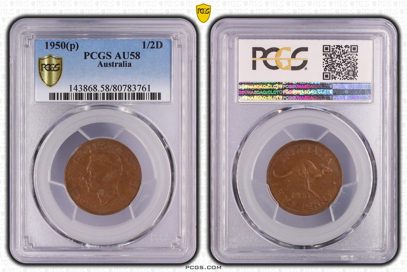 24 · Halfpenny, 1950(p), PCGS AU58BN