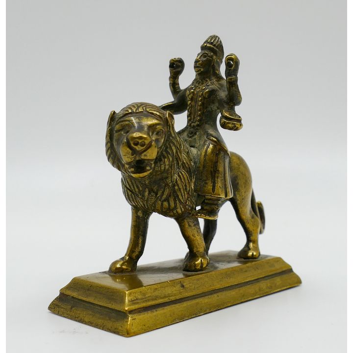 Old Indian Brass Kali Riding a Lion Figure 3''x3'' - Missing weapons