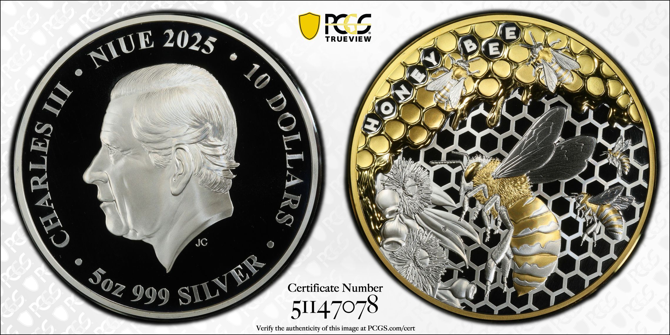 Niue, Australian Honey Bee 5oz Ag - Selective Gilt, Ten Dollars, 2025, PCGS PR69DCAM