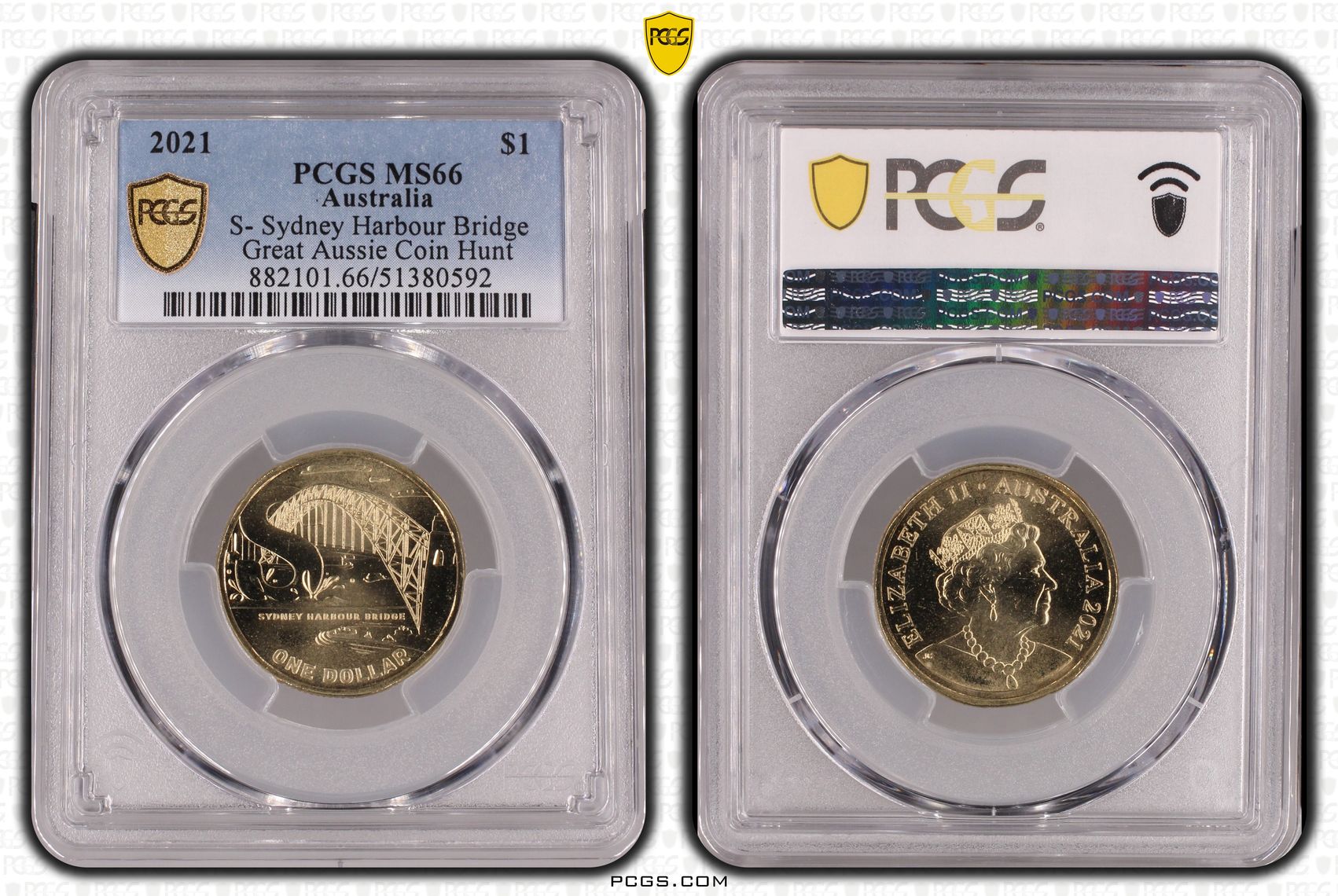 S- Sydney Harbour Bridge Great Aussie Coin Hunt, One Dollar, 2021, PCGS MS66