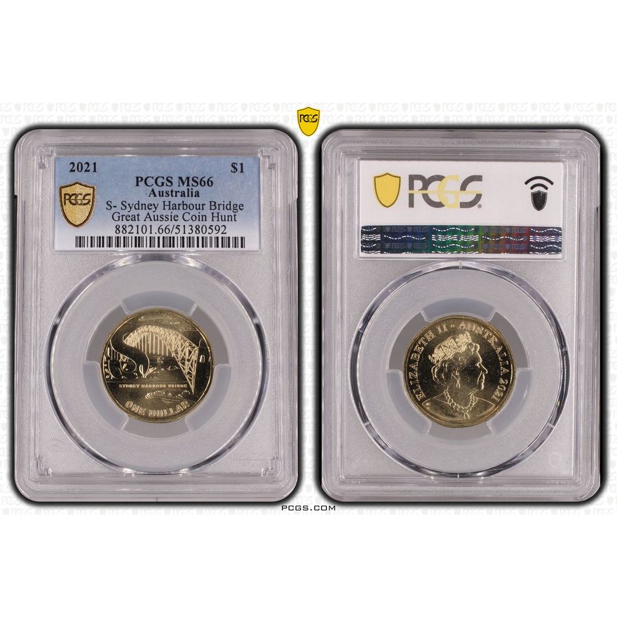 S- Sydney Harbour Bridge Great Aussie Coin Hunt, One Dollar, 2021, PCGS MS66