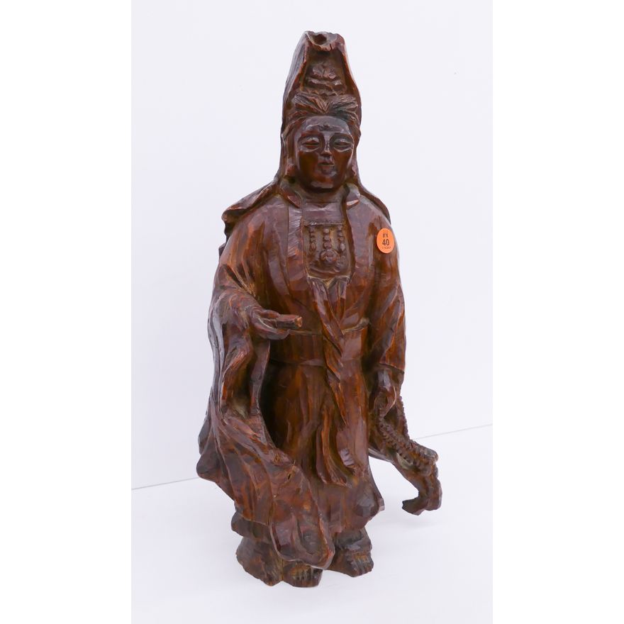 Old Chinese Carved Hardwood Standing Guanyin- 16''