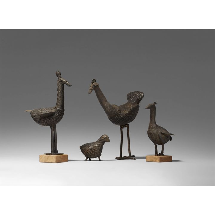 Four folk bronzes of birds. Central India, Orissa/Andhra Pradesh border region, Maliah-Kondh tribe. Late 19th/20th century