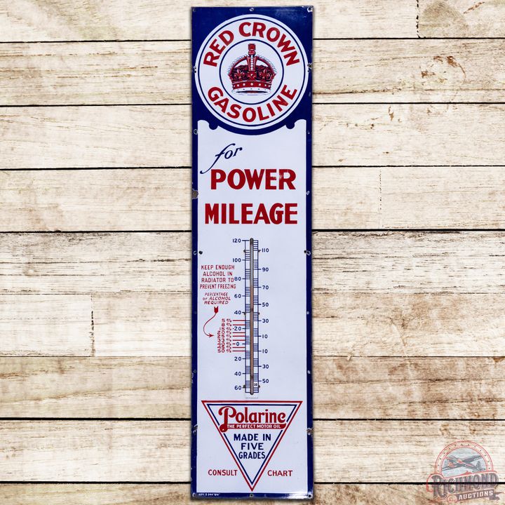 6' Red Crown Polarine Gasoline Motor Oils "For Power Mileage" SSP Thermometer Sign - 8.5