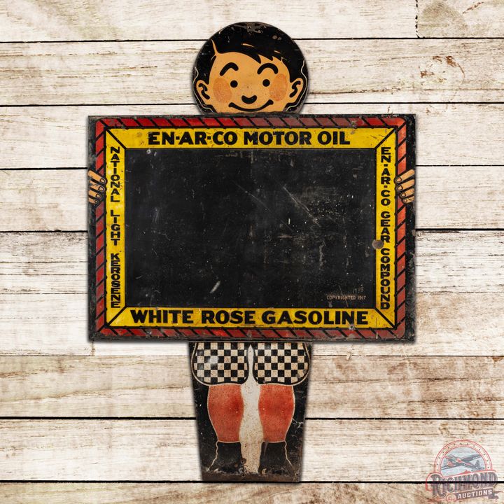 White Rose Gasoline Die Cut Single Sided Tin Sign w/ Boy & Slate