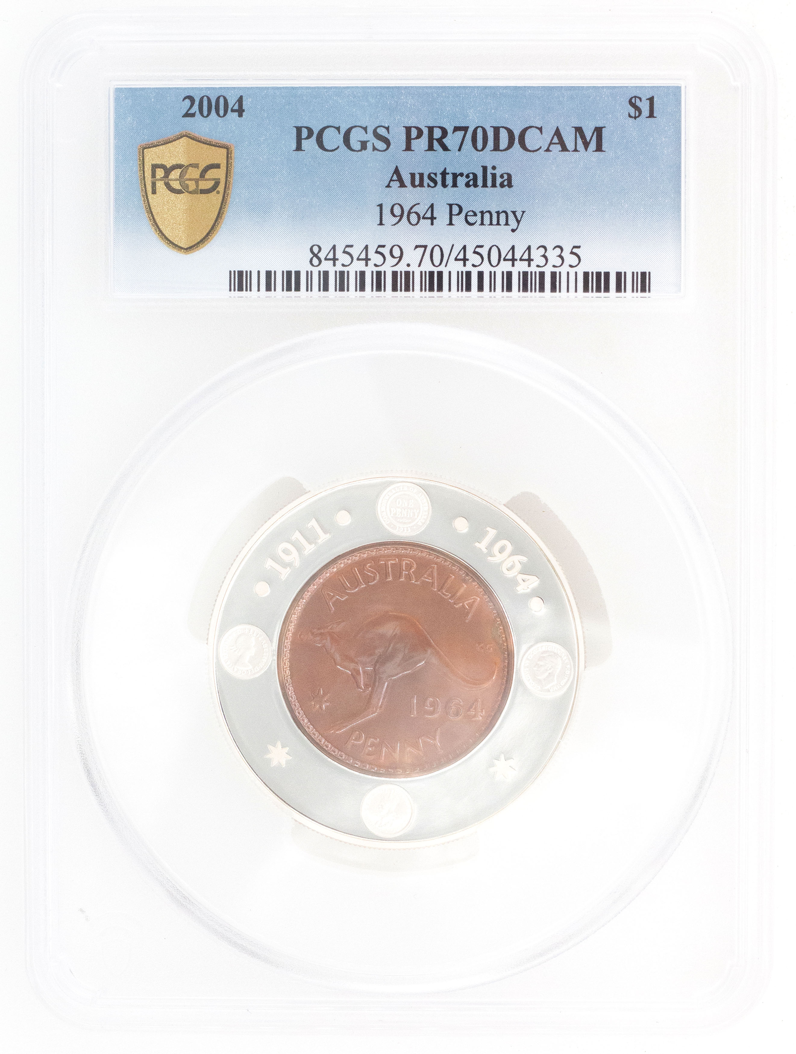 2004 Australia One Dollar, $1 1964 Penny PCGS - PR70DCAM POP 3/0 -335