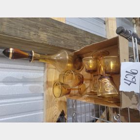 Vintage amber wine decanter and 6 matching glasses