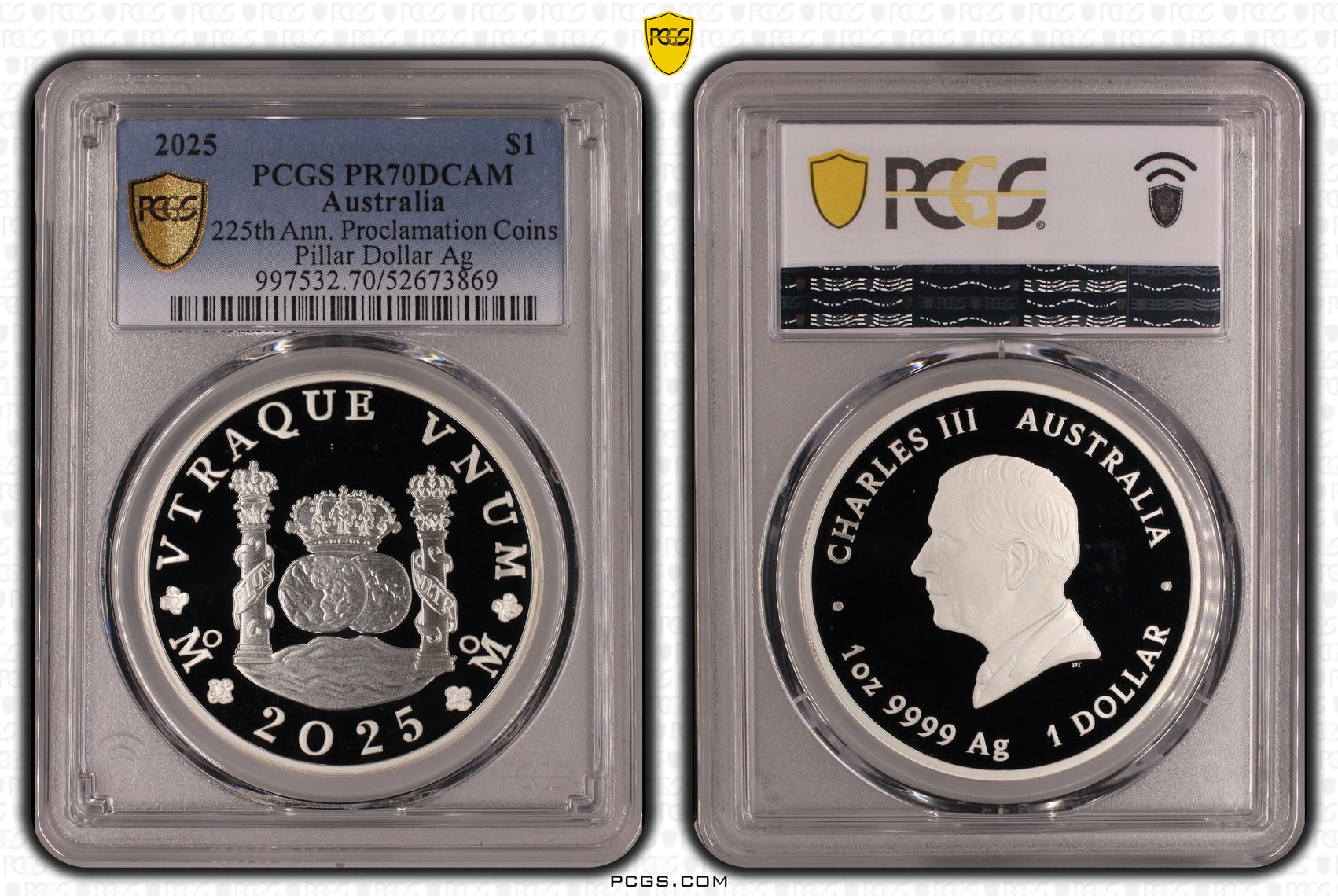 225th Ann. Proclamation Coins Pillar Dollar Ag, POP 6/0, One Dollar, 2025, PCGS PR70DCAM