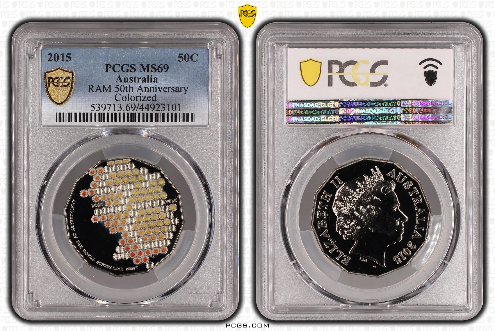 2015 Australia Fifty Cent, 50c RAM 50th Anniversary Colorized PCGS - MS69 -101