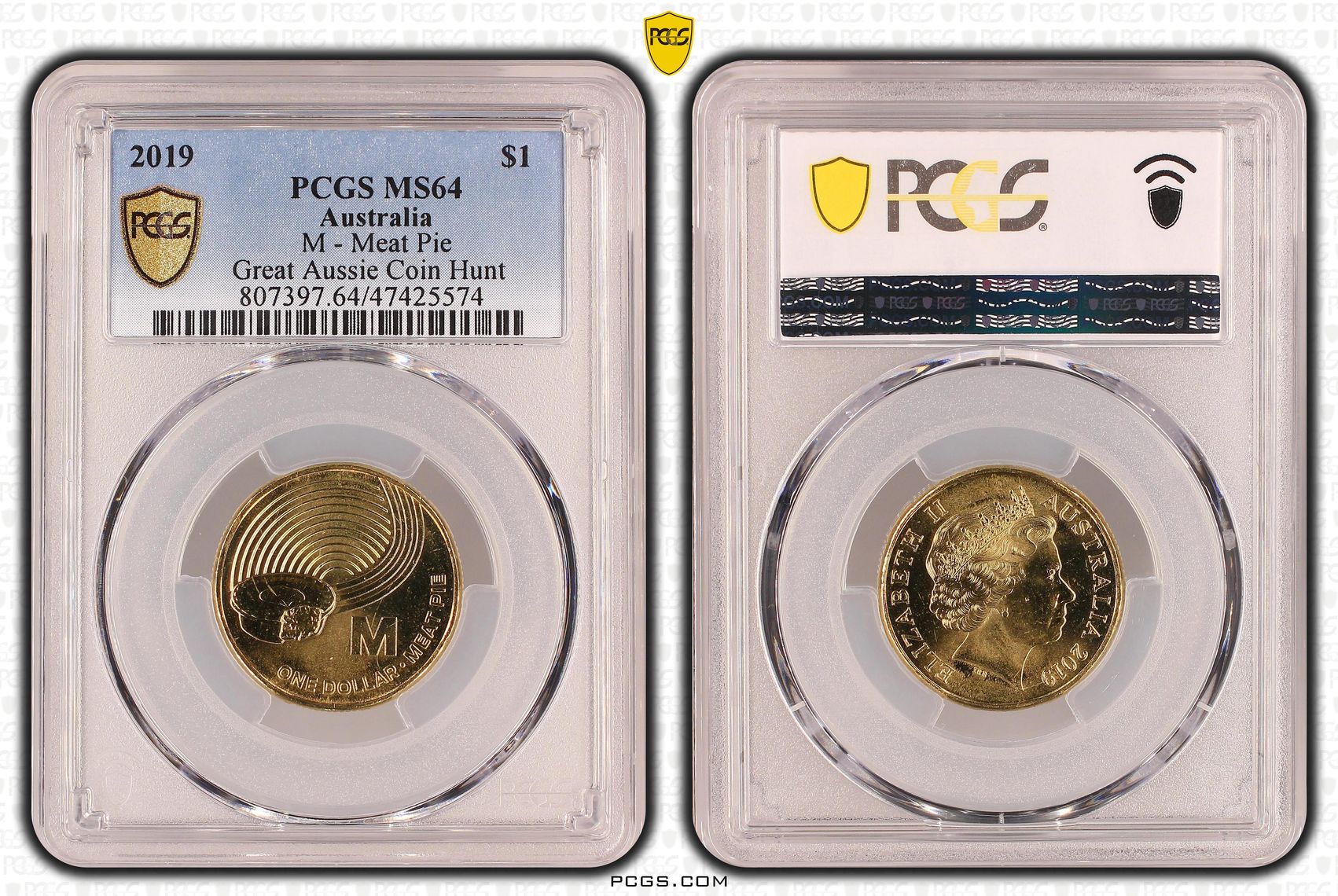 M - Meat Pie Great Aussie Coin Hunt, One Dollar, 2019, PCGS MS 64
