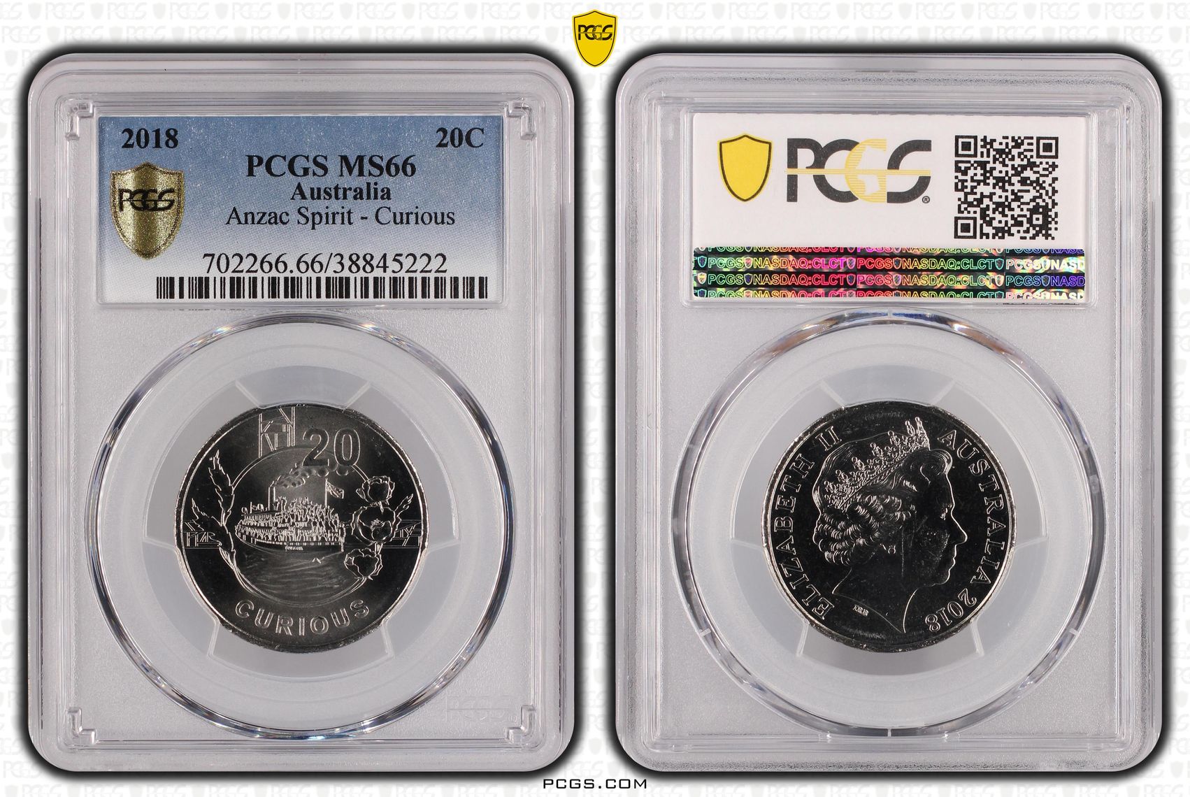 2018 Australia Twenty Cent, 20c Anzac Spirit - Curious PCGS - MS66 POP 7/0 -222