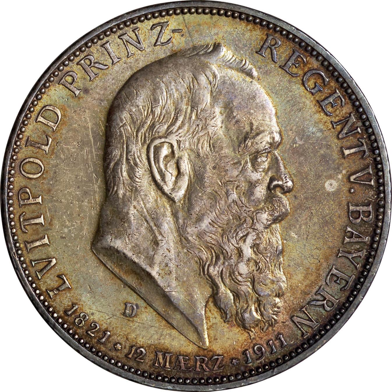 ドイツ-Germany. silver. 1911. 5. Mark. 極美. EF. 摂政ルイトポルト ...